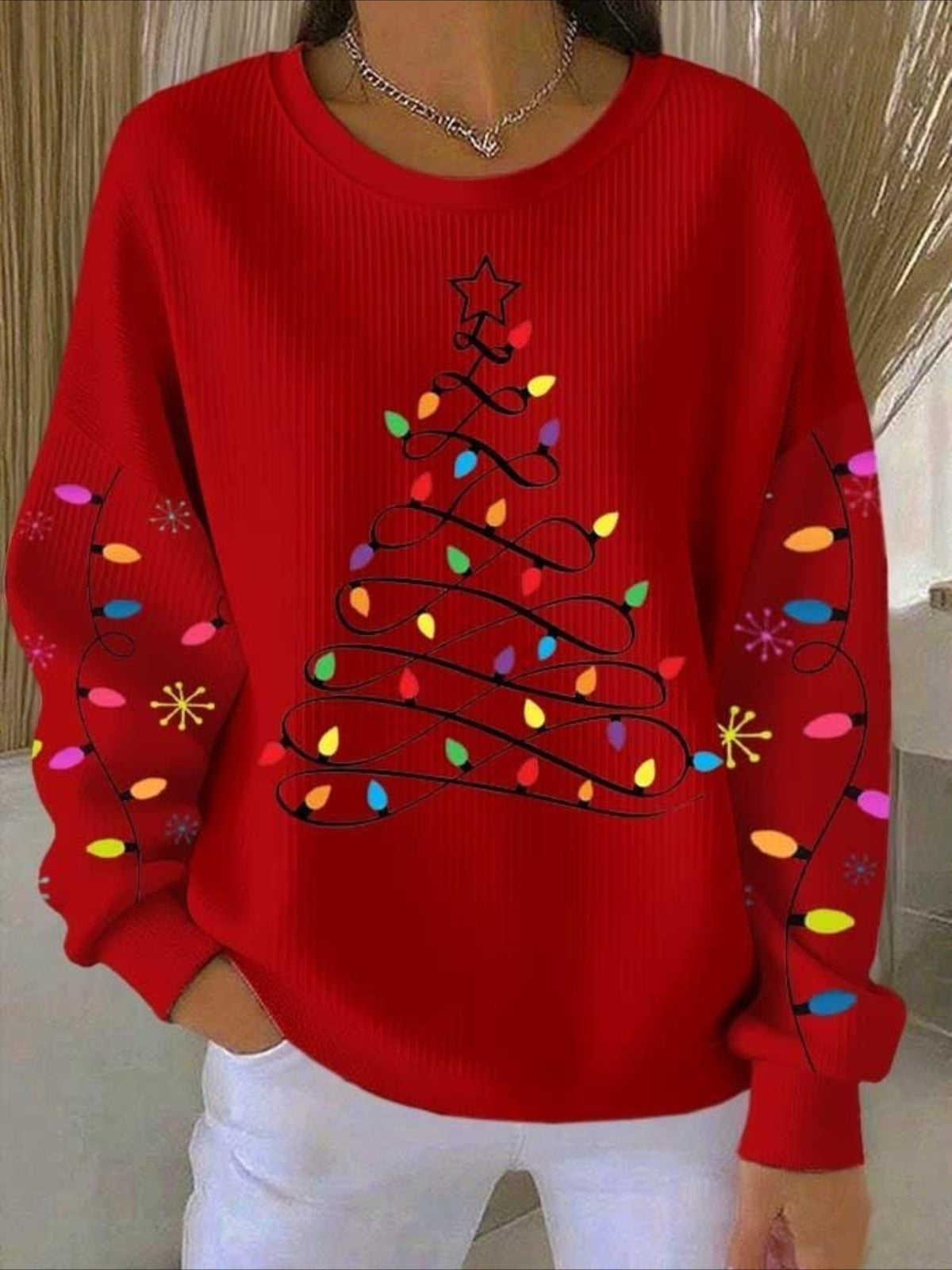 Christmas Tree Printed Crew Neck Floral Long Sleeve Sweater Hoodie