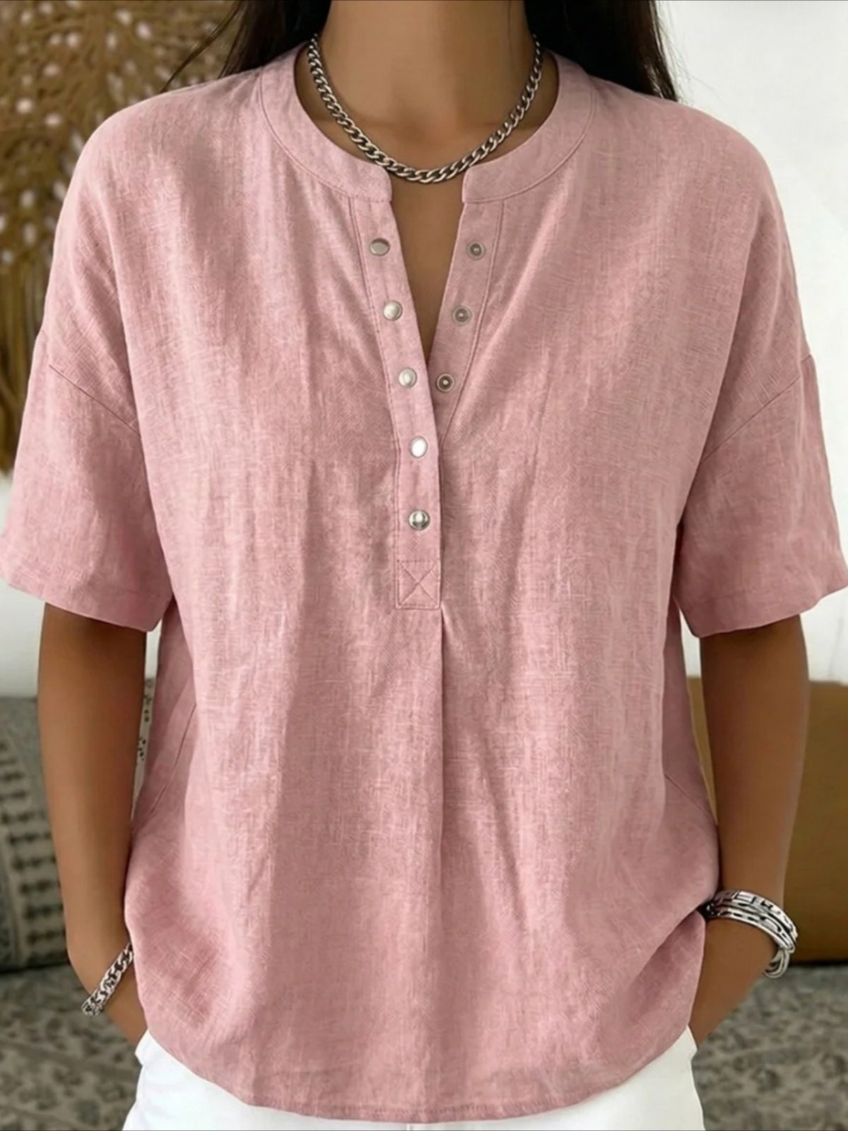 Cotton And Linen Round Neck Short Sleeve Button H-Line Daily Going Out Casual Loose Blouse