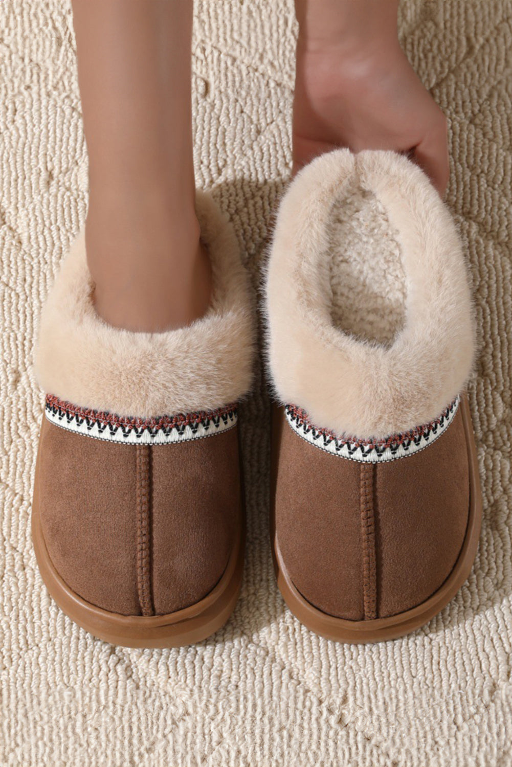 Coffee Western Woven Detail Faux Suede Furry Home Slippers