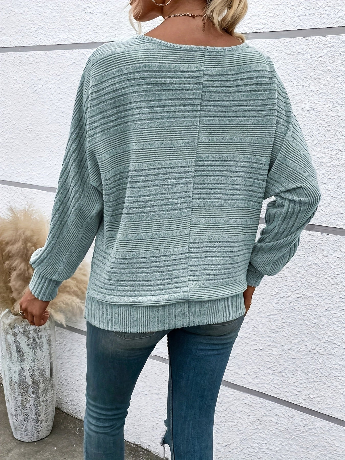 Ribbed Crew Neck T-Shirt, Elegant Long Sleeve T-Shirt