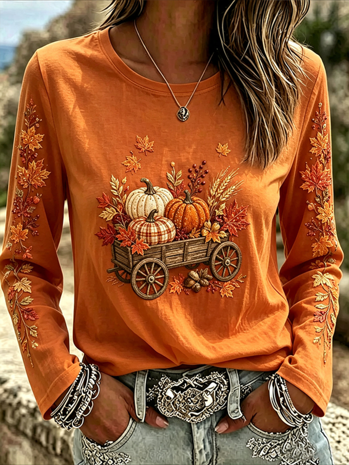 Orange Maple Leaf Printing Jersey Crew Neck Long Sleeve T-shirt