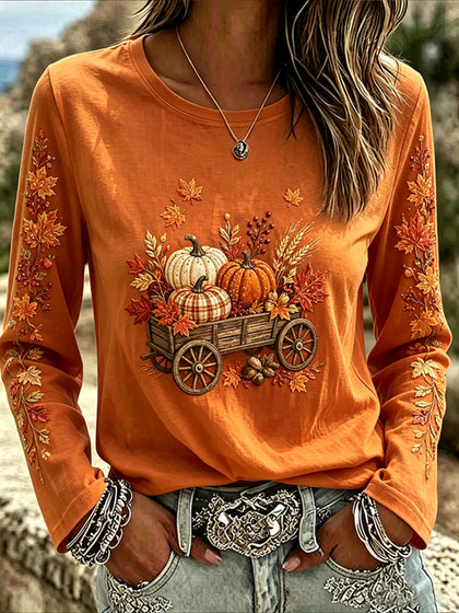 Orange Maple Leaf Printing Jersey Crew Neck Long Sleeve T-shirt