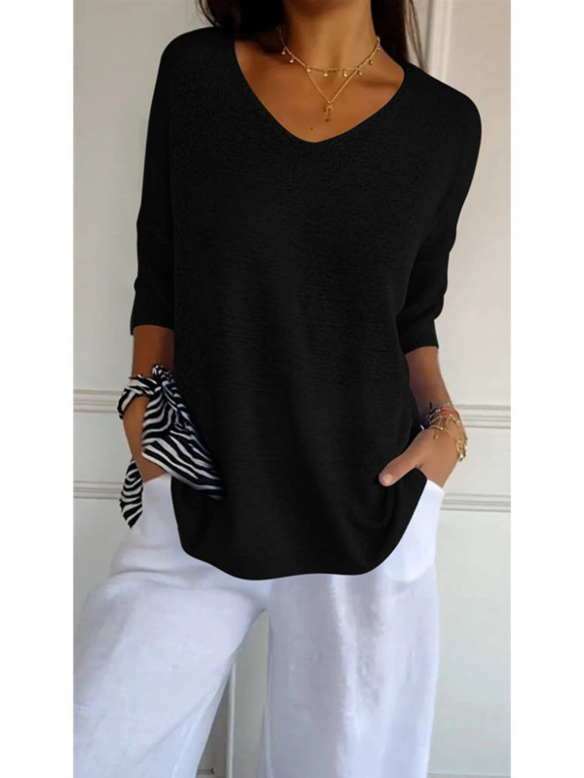 Cozy V Neck Pullover Three-Quarter Sleeve Knitted Sweater