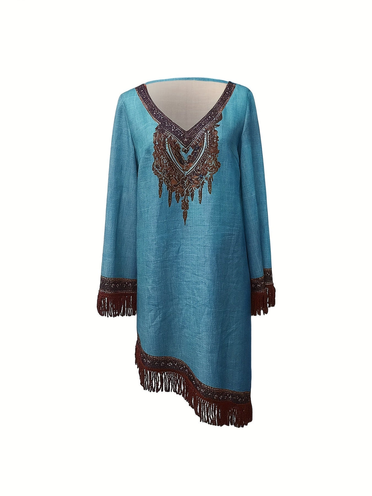 Elegant V-Neck Floral Pattern Fringe Detail and Long Sleeves Dress