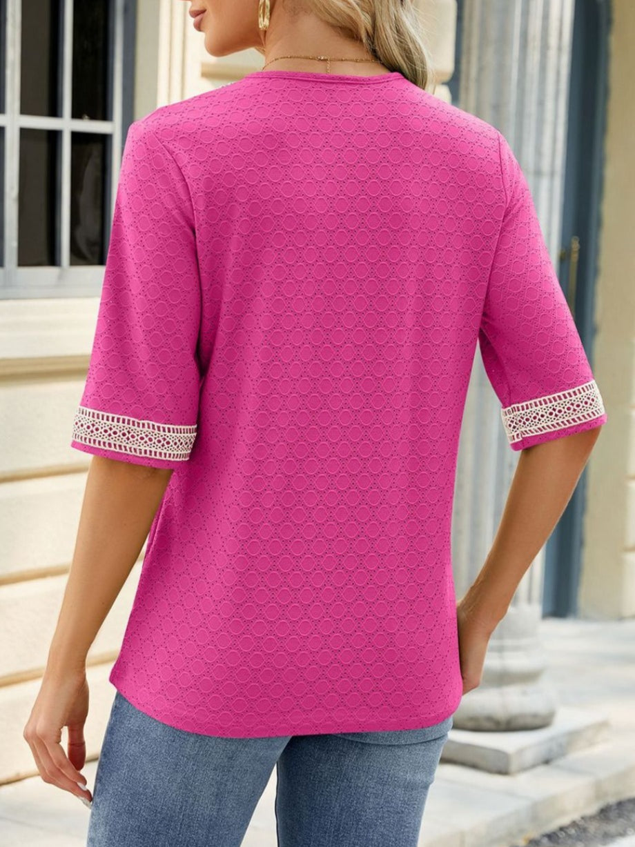 Guipure Lace V-neck Eyelet T-Shirt, Vintage Half Sleeve Loose T-Shirt