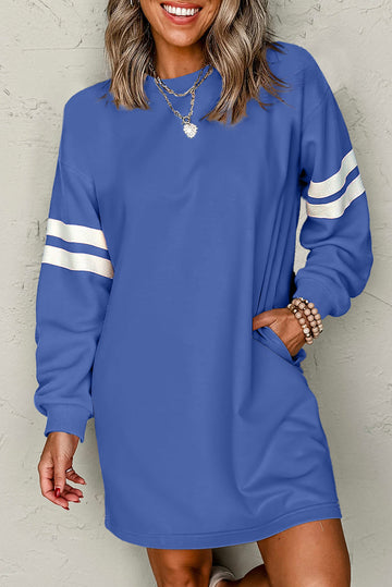 Sky Blue Varsity Contrast Banded Sleeve Shift Sweatshirt Dress