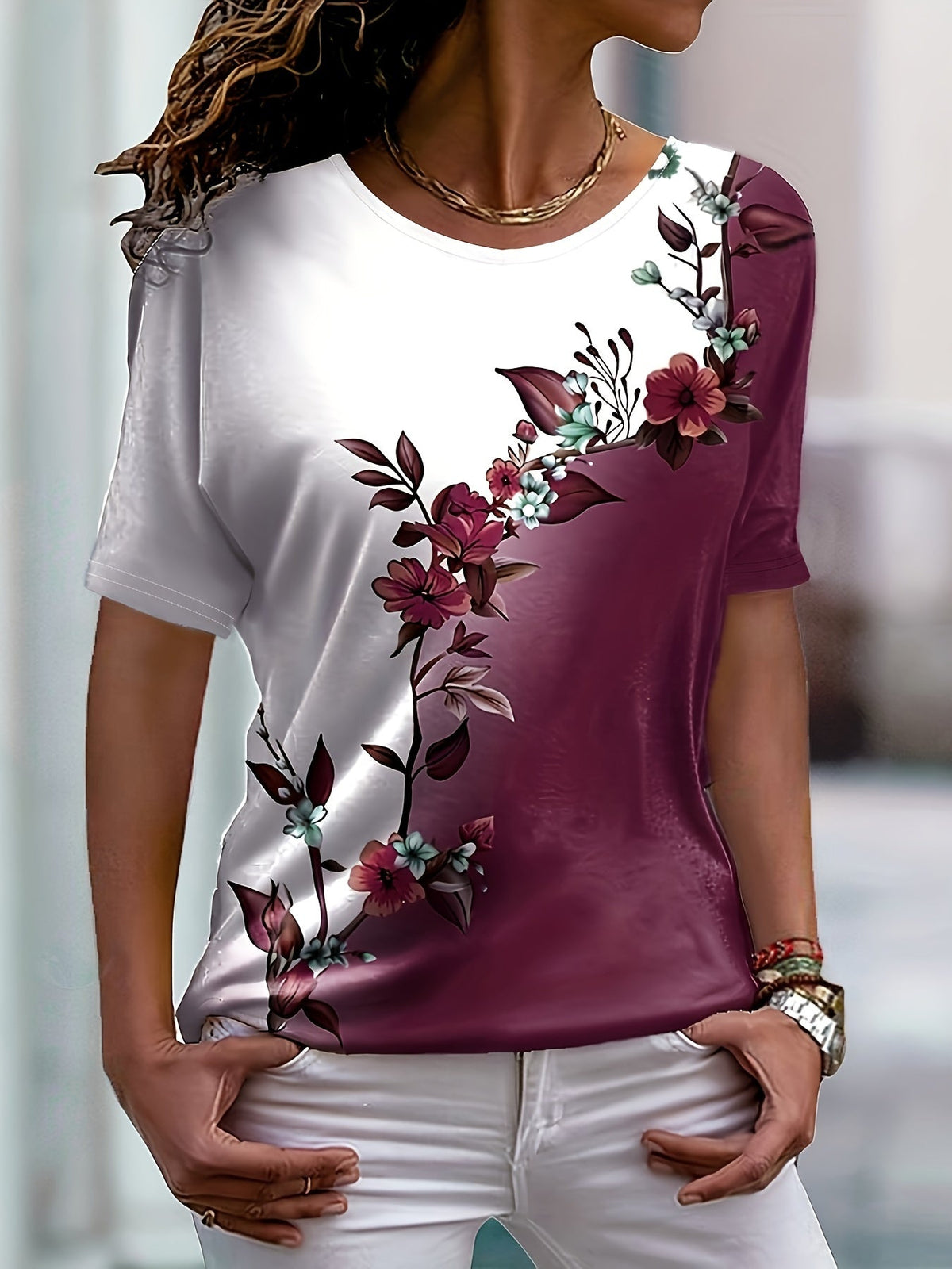 Short Sleeve Floral Print Colorblock Crew Neck T-Shirt