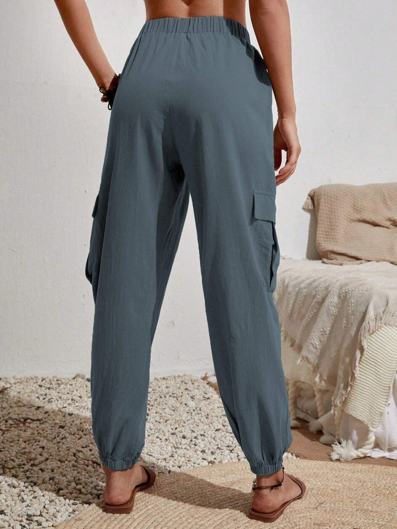Solid Drawstring Pants, Casual Slant Pockets Cargo Pants