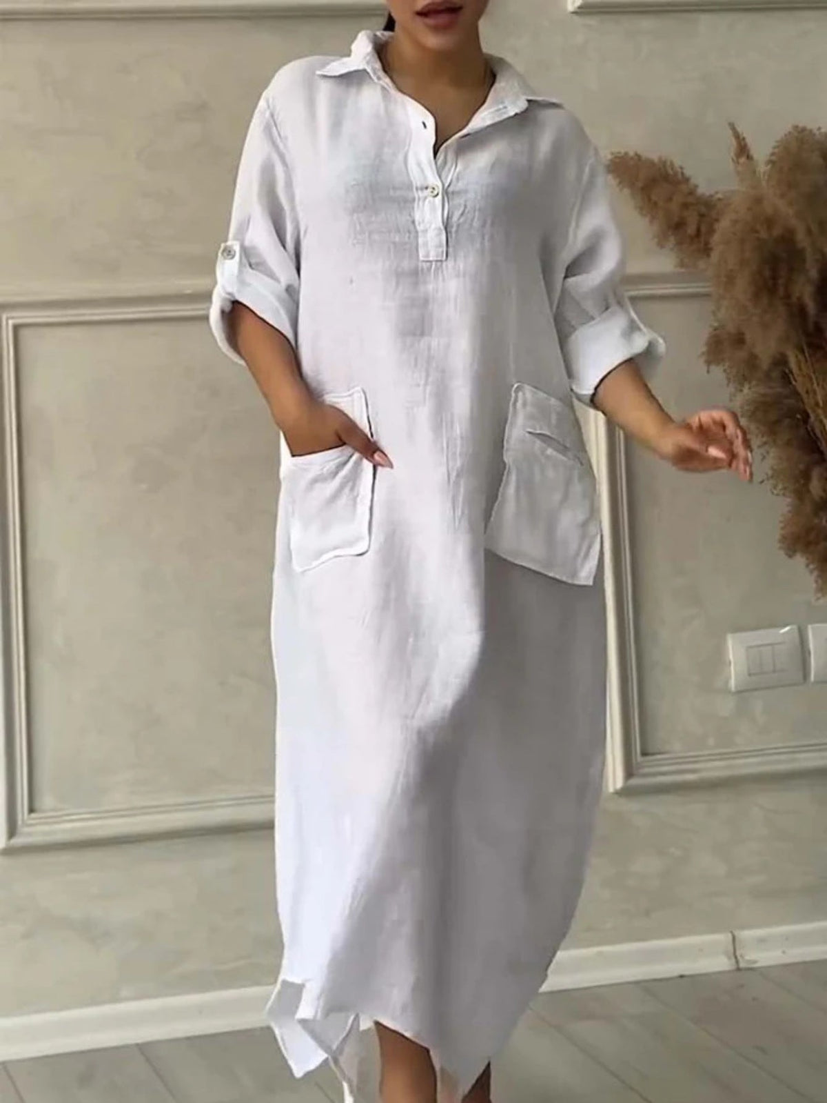 Solid Color Casual Shawl Collar Plain Loose Dress