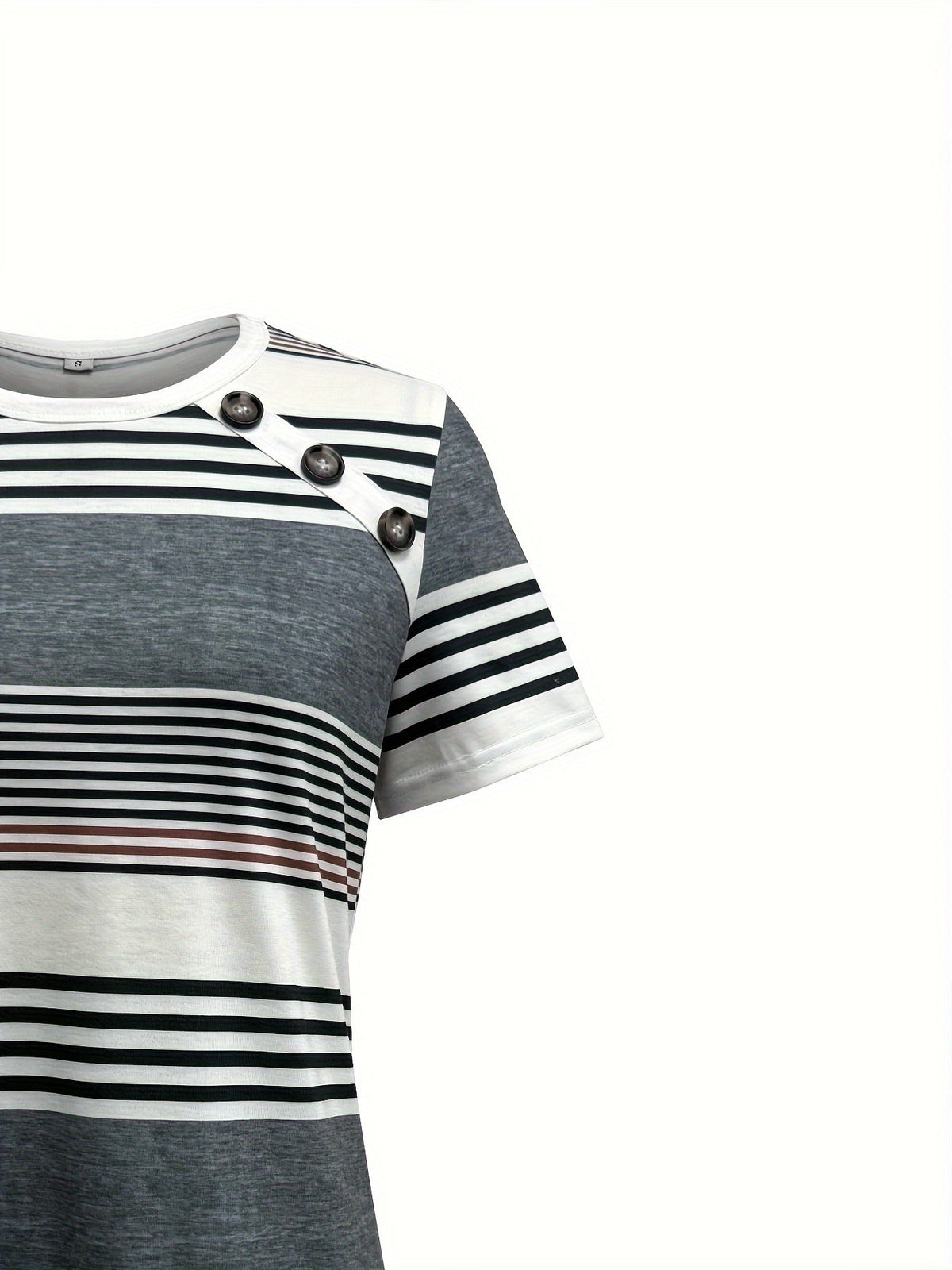 Button Front Vibrant Striped Short Sleeve Crew Neck T-Shirt