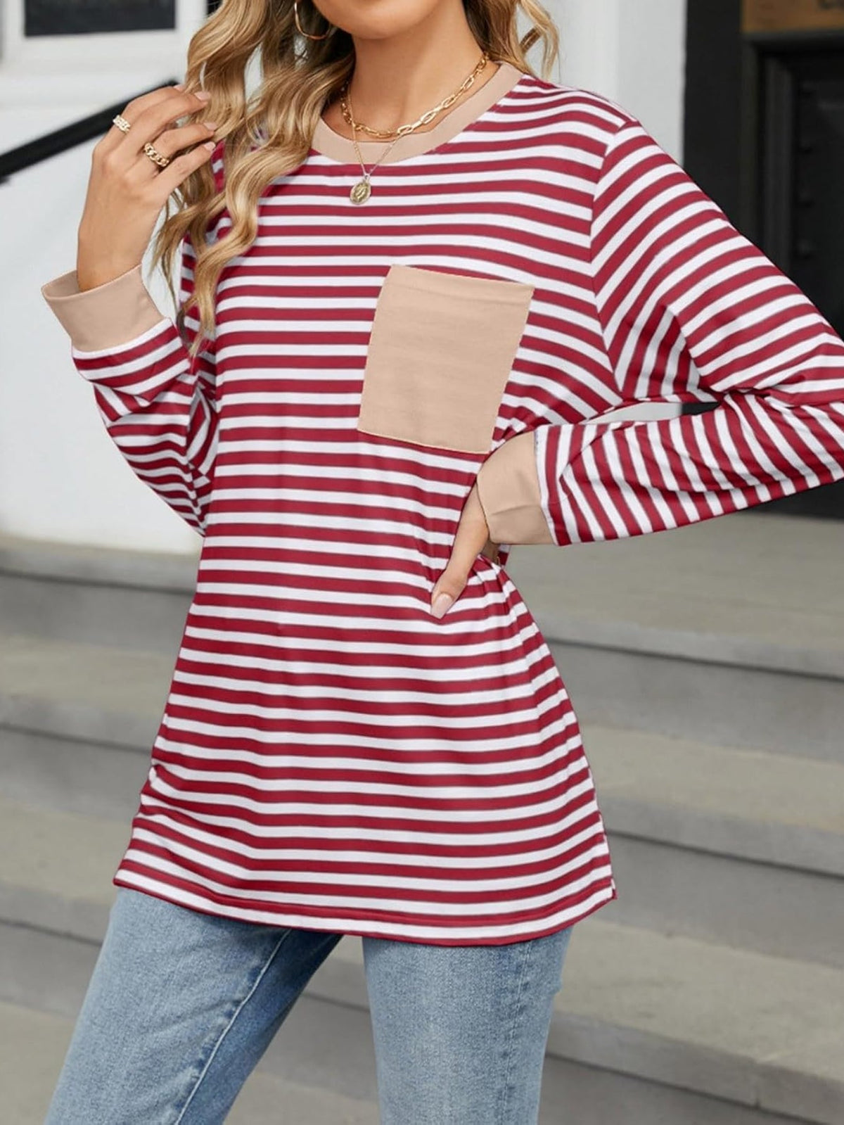 Women's Striped Long Sleeve Shirts Color Block Loose Pullover Tops Crew Neck Casual Blouse Sweatshirts Fall Outfits