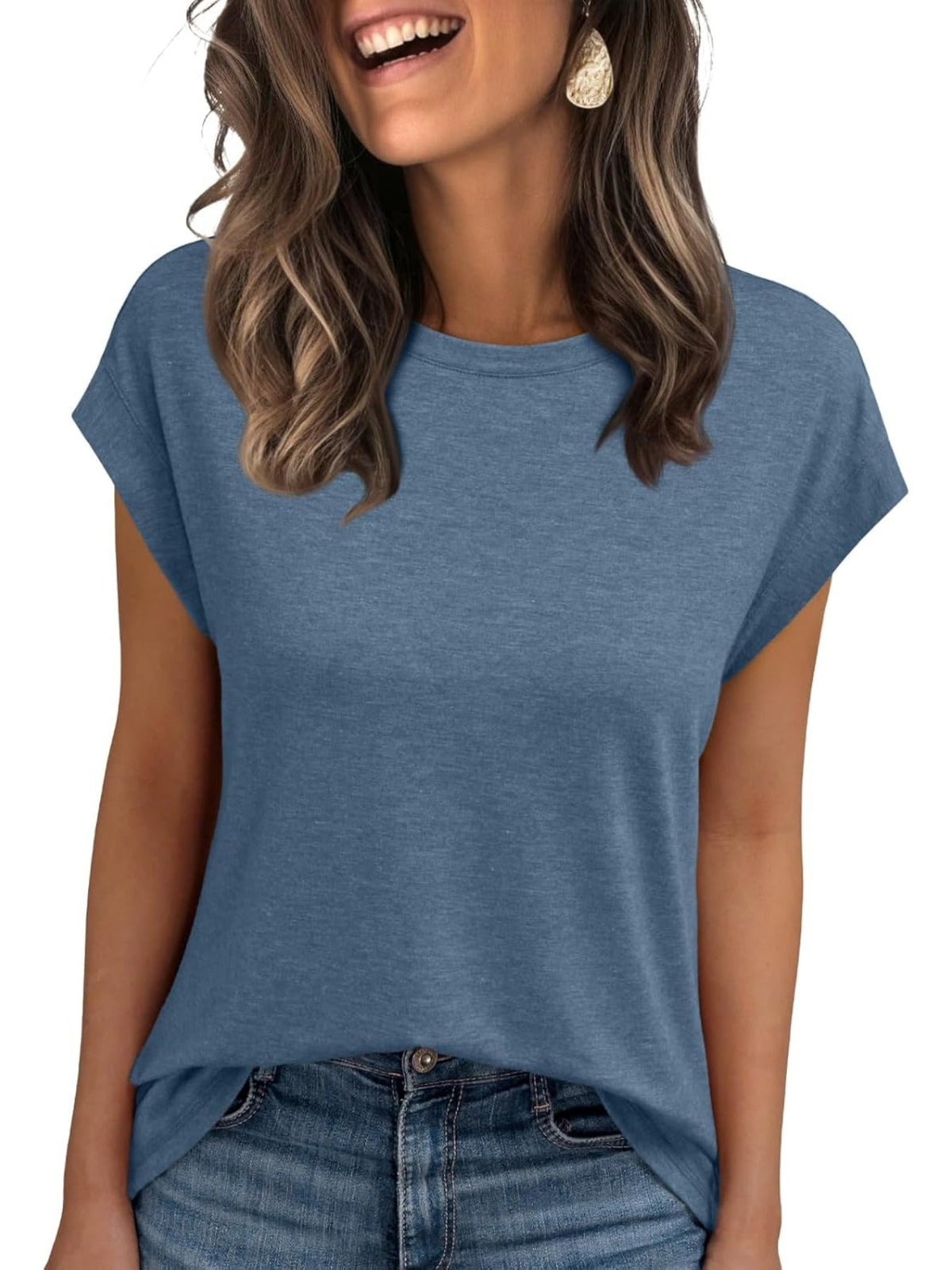 Solid Color Round Neck Cap Sleeve T Shirts