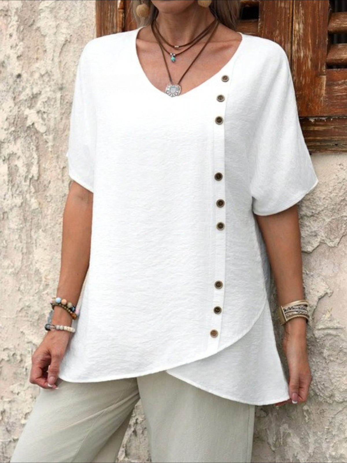 Vintage Cotton-Blend Botanical Pattern V Neck Shirt