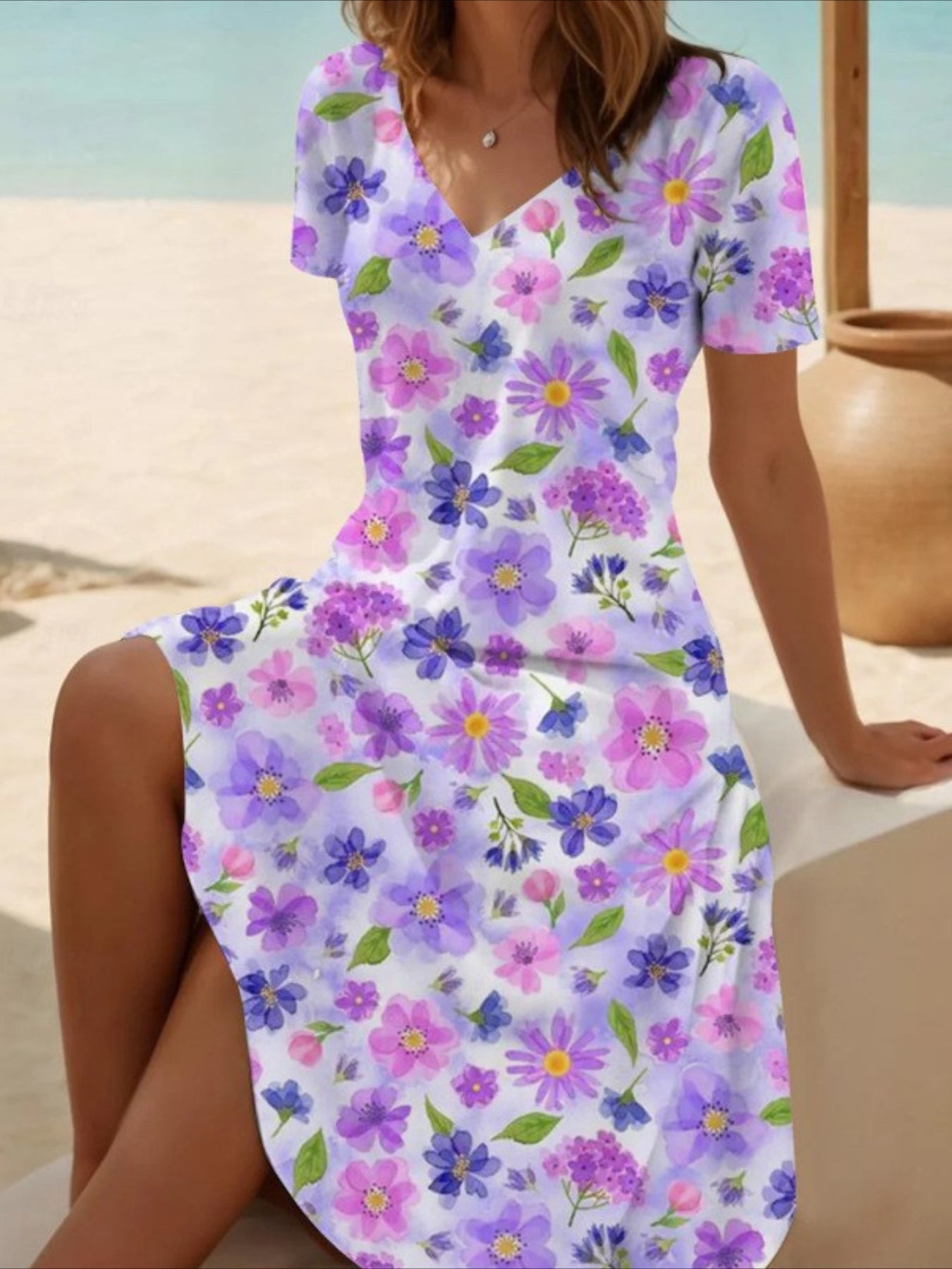 Graphic Paisley Short Sleeve V Neck Mini Dress