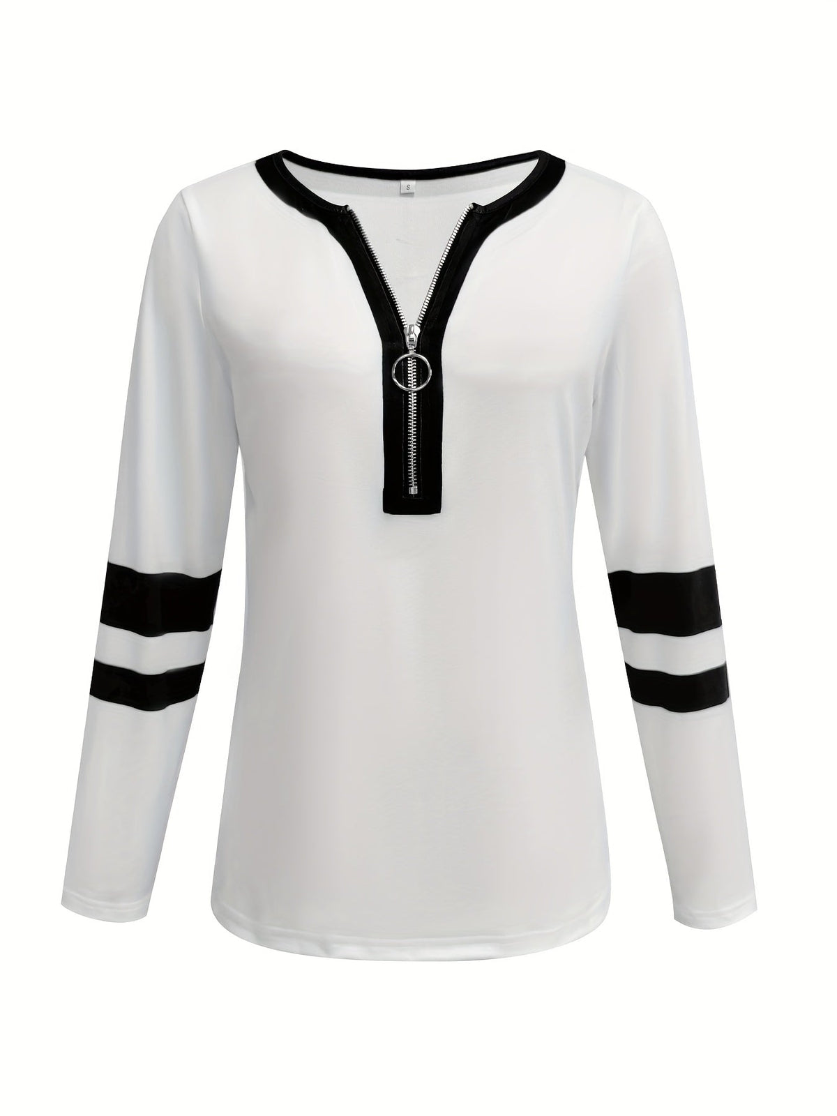 Stylish Color Block V-Neck Long Sleeve T-Shirt with Zipper Detail