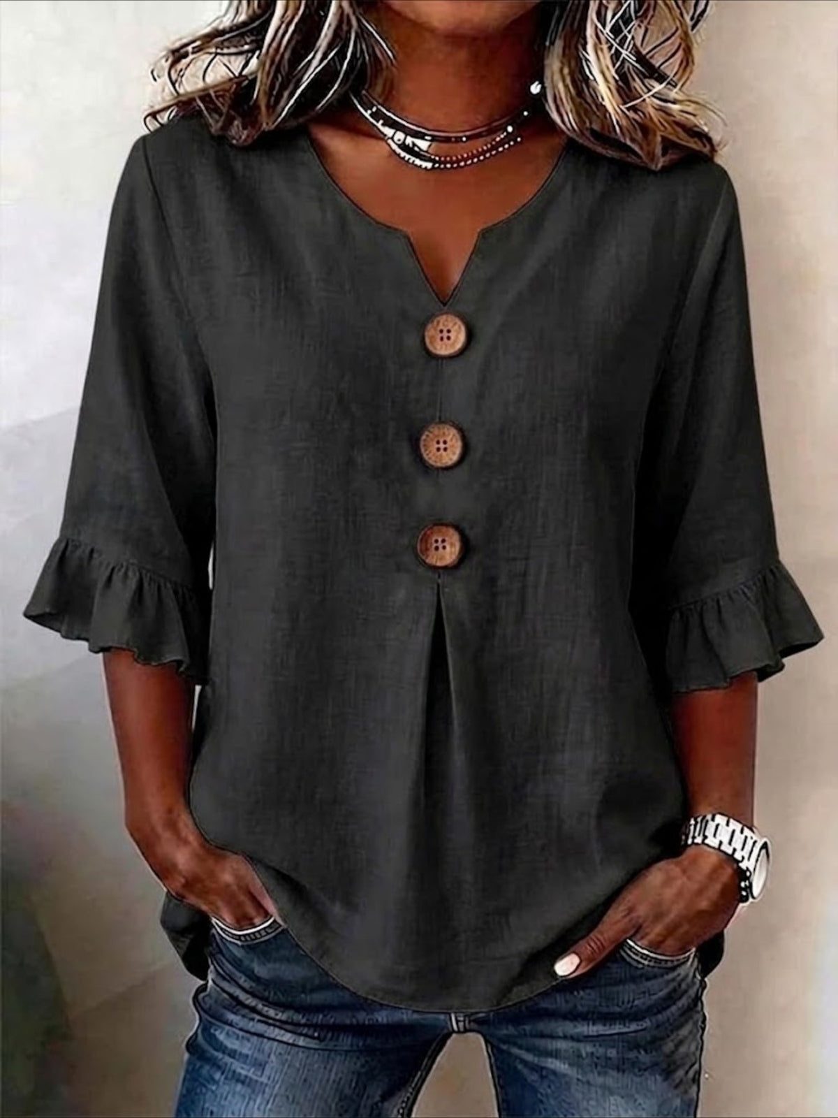 Solid Color Floral V Neck Button Short Ruffle Sleeve Casual Top