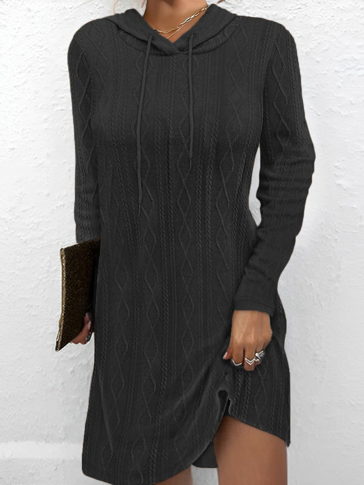 Textured Drawstring Hooded Dress, Casual Long Sleeve Above Knee Dress