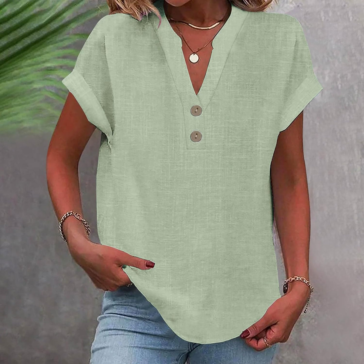 Solid Color V Neck Short Sleeve Button Down T Shirts