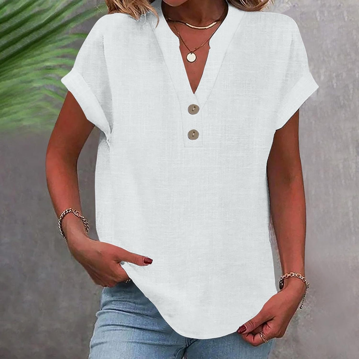 Solid Color V Neck Short Sleeve Button Down T Shirts