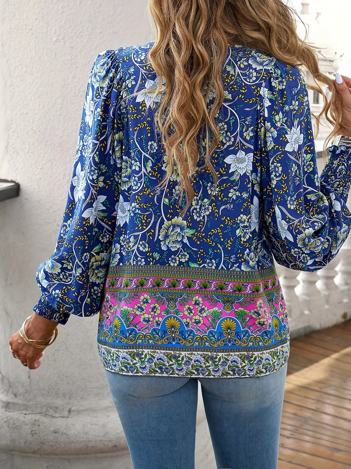 Drawstring Long Sleeve Casual Floral Print V Neck Blouse
