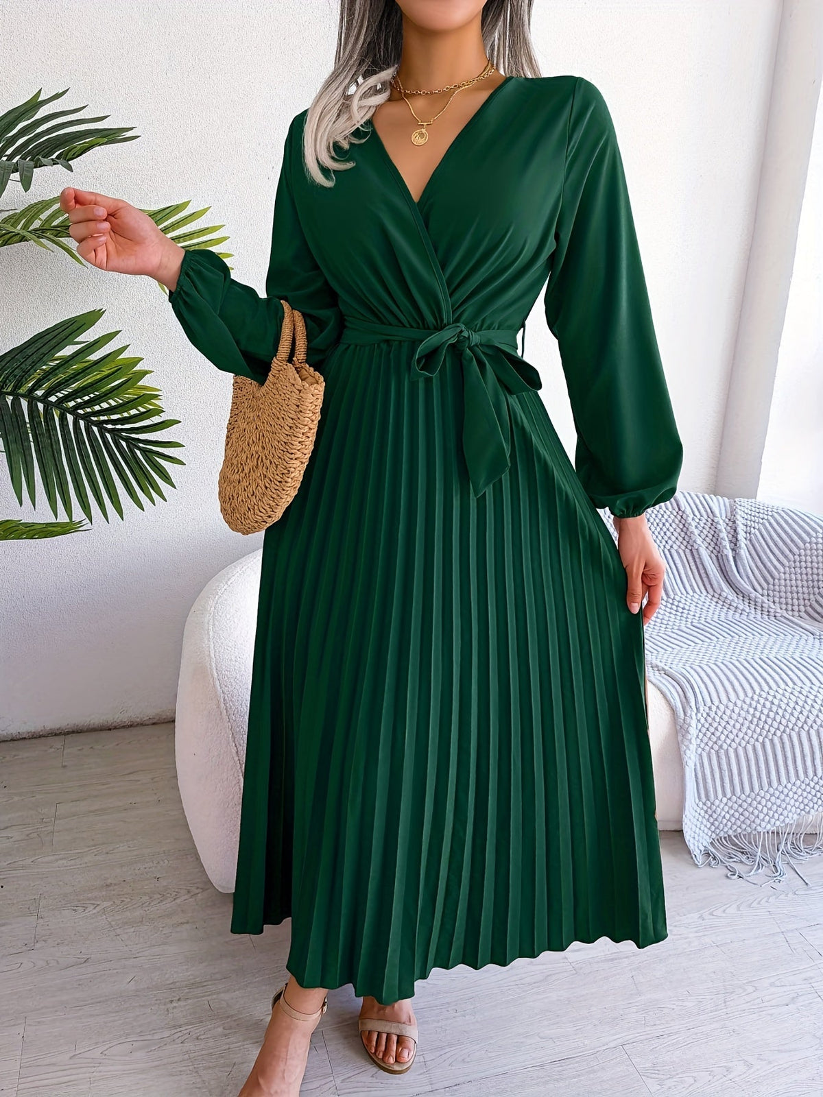 Pleated Surplice Neck Dress, Elegant Long Sleeve Solid Dress, Women's Clothing