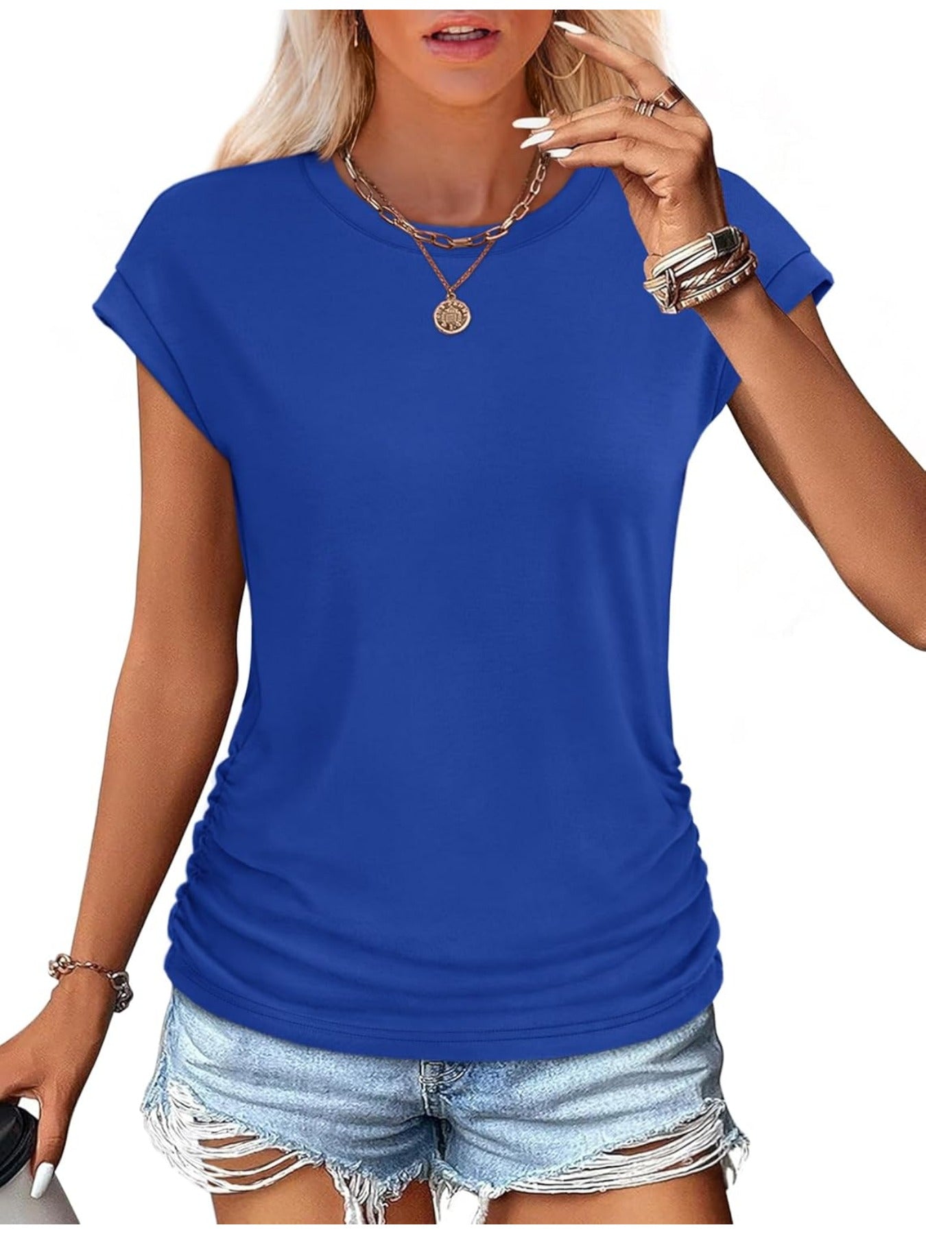 Solid Color Crew Neck Ruched Cap Short Sleeve T Shirts