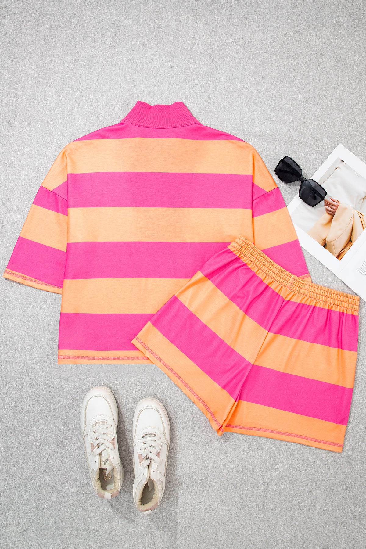Pink Half Zipper Placket Bracelet Sleeve Top Casual Shorts Set