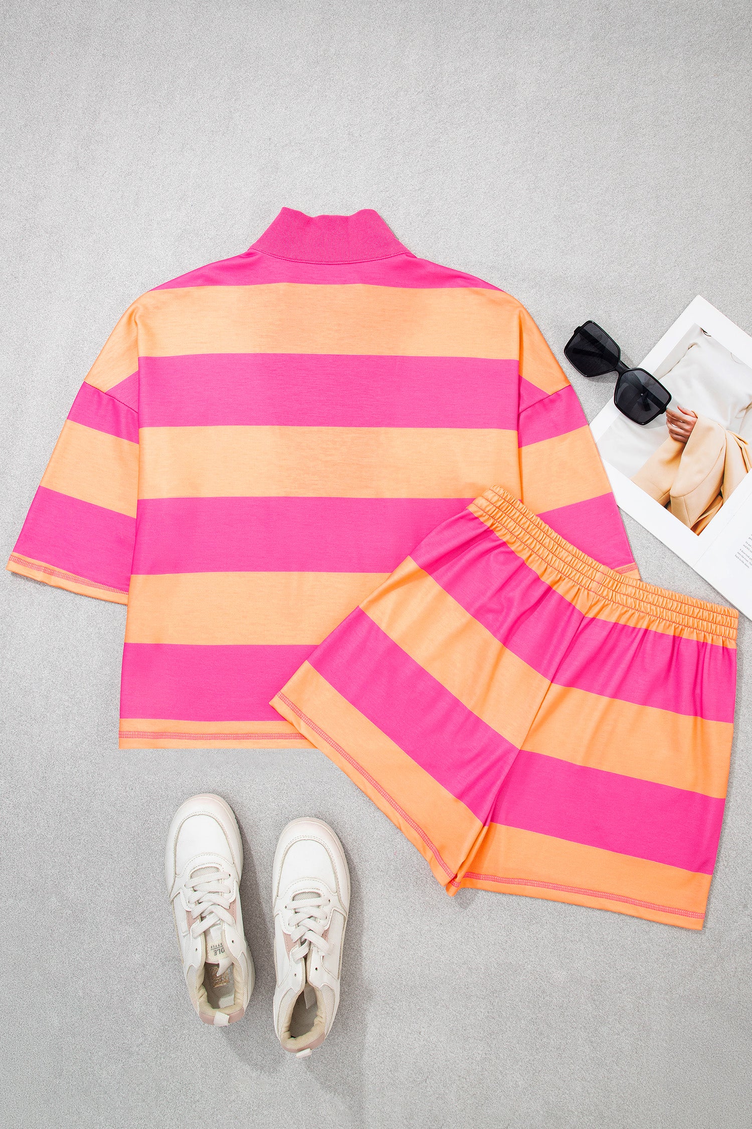 Pink Half Zipper Placket Bracelet Sleeve Top Casual Shorts Set