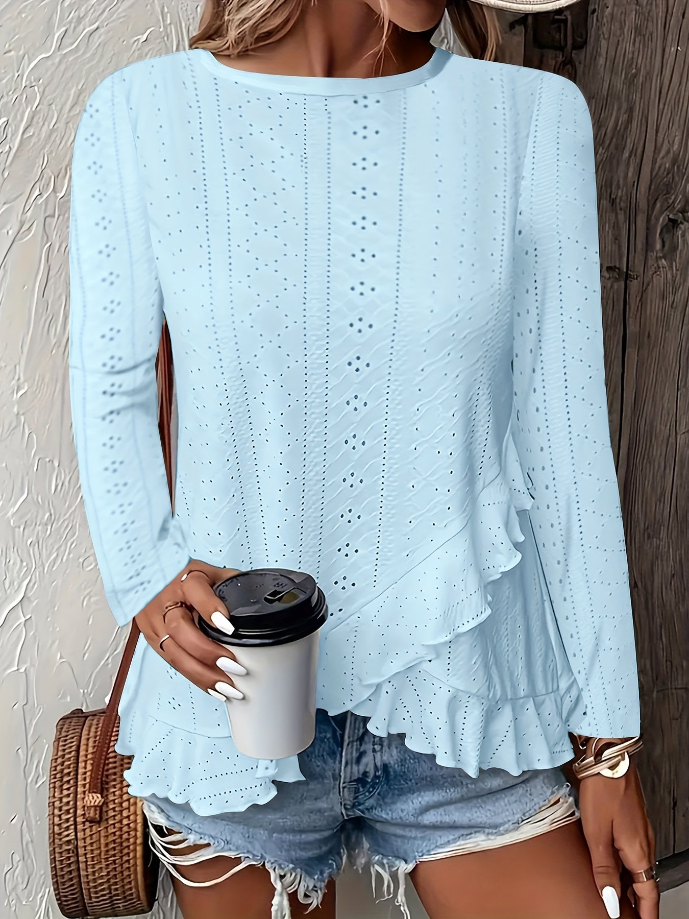 Stylish Asymmetrical Ruffle Hem Long Sleeve Top - Elegant Embroidered Solid Clothing