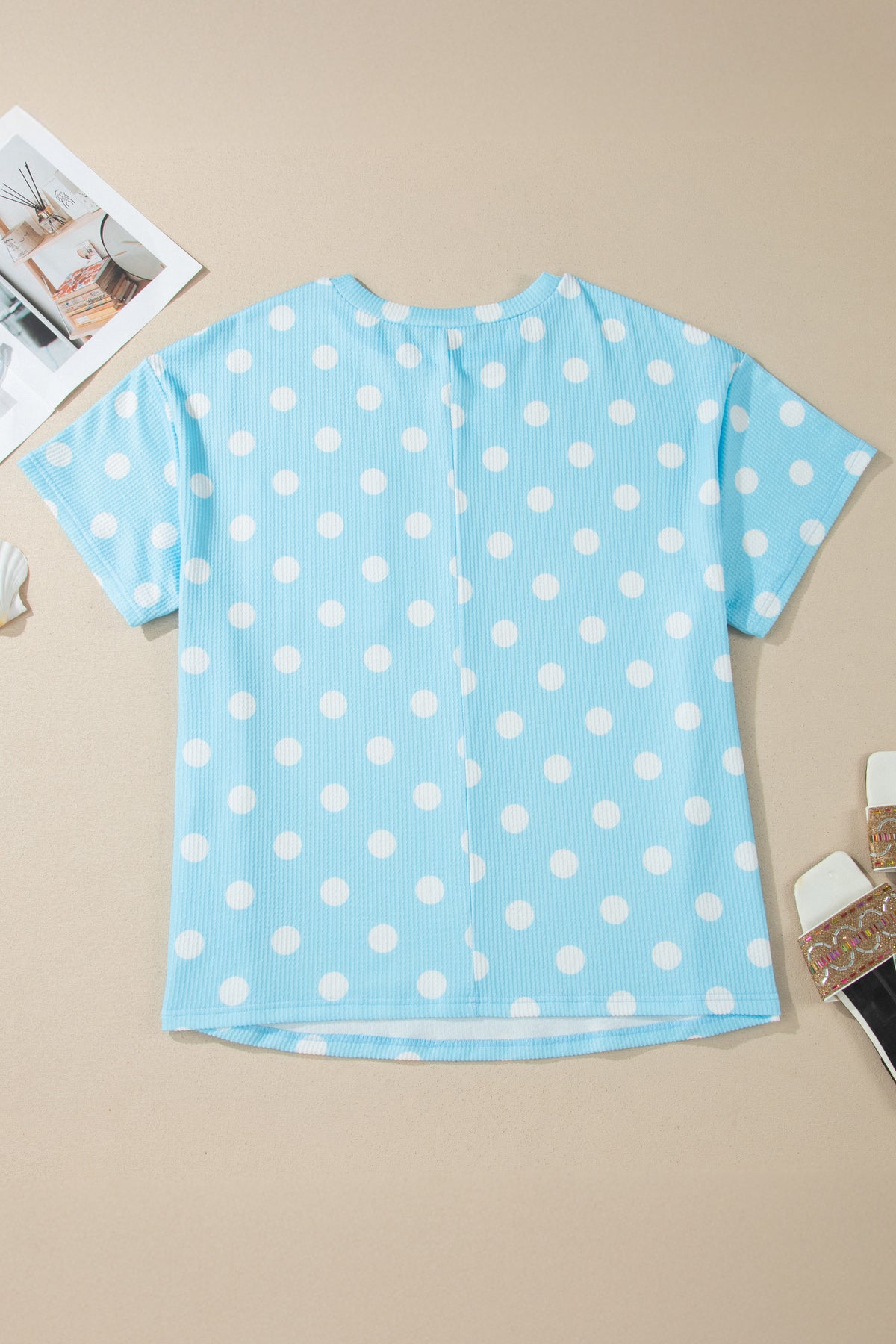 Sky Blue Twisted Rib Polka Dot Print Plus Size T Shirt