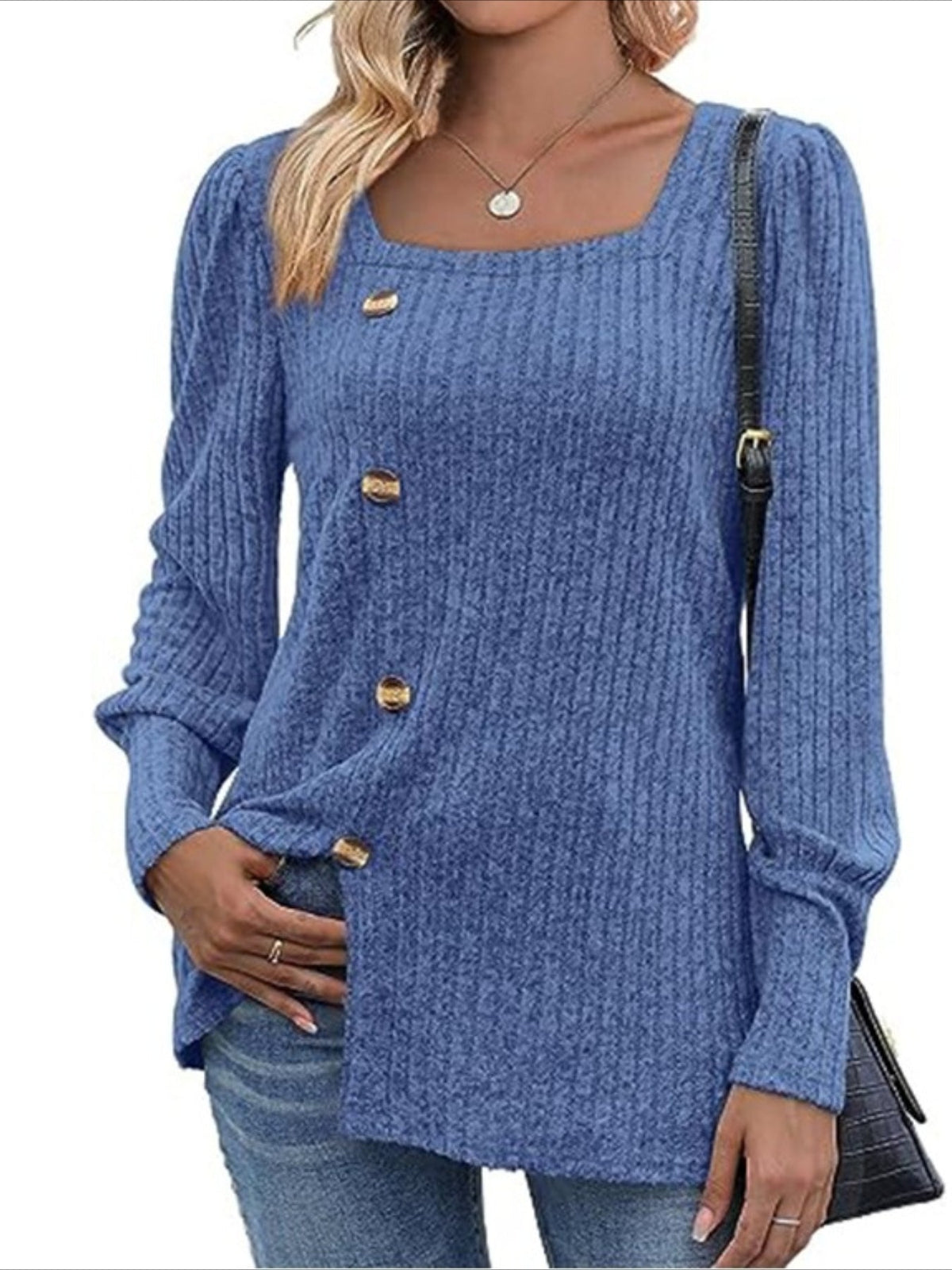 Chic Square Neck Rib Knit Sweater - Casual Comfort with Stylish Button Detail, Long Sleeve Split Design