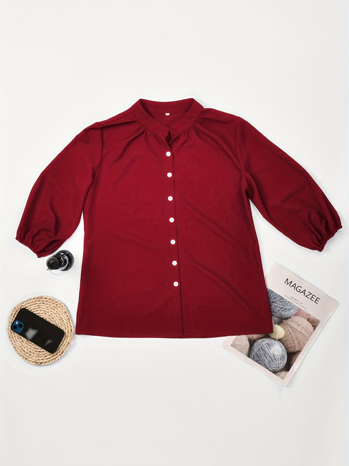 Solid Button Front Blouse, Casual Stand Collar Long Sleeve Blouse