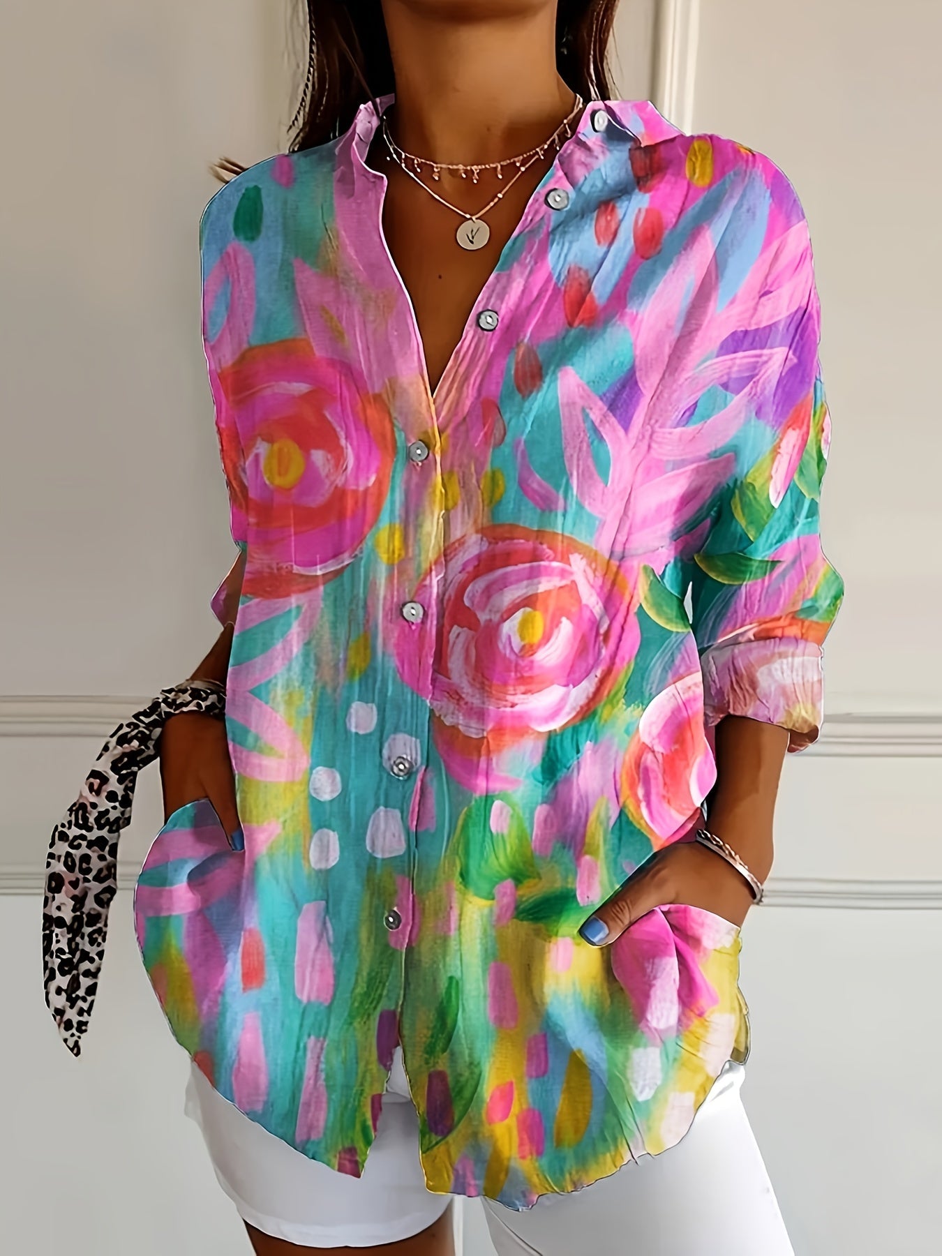 Colorful Printed Casual Single Row Button Long Sleeve Turnover Collar Top
