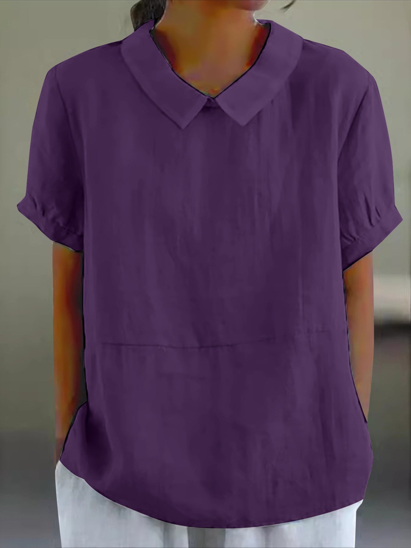 Solid Color Loose Lapel Short Sleeve Cotton Top