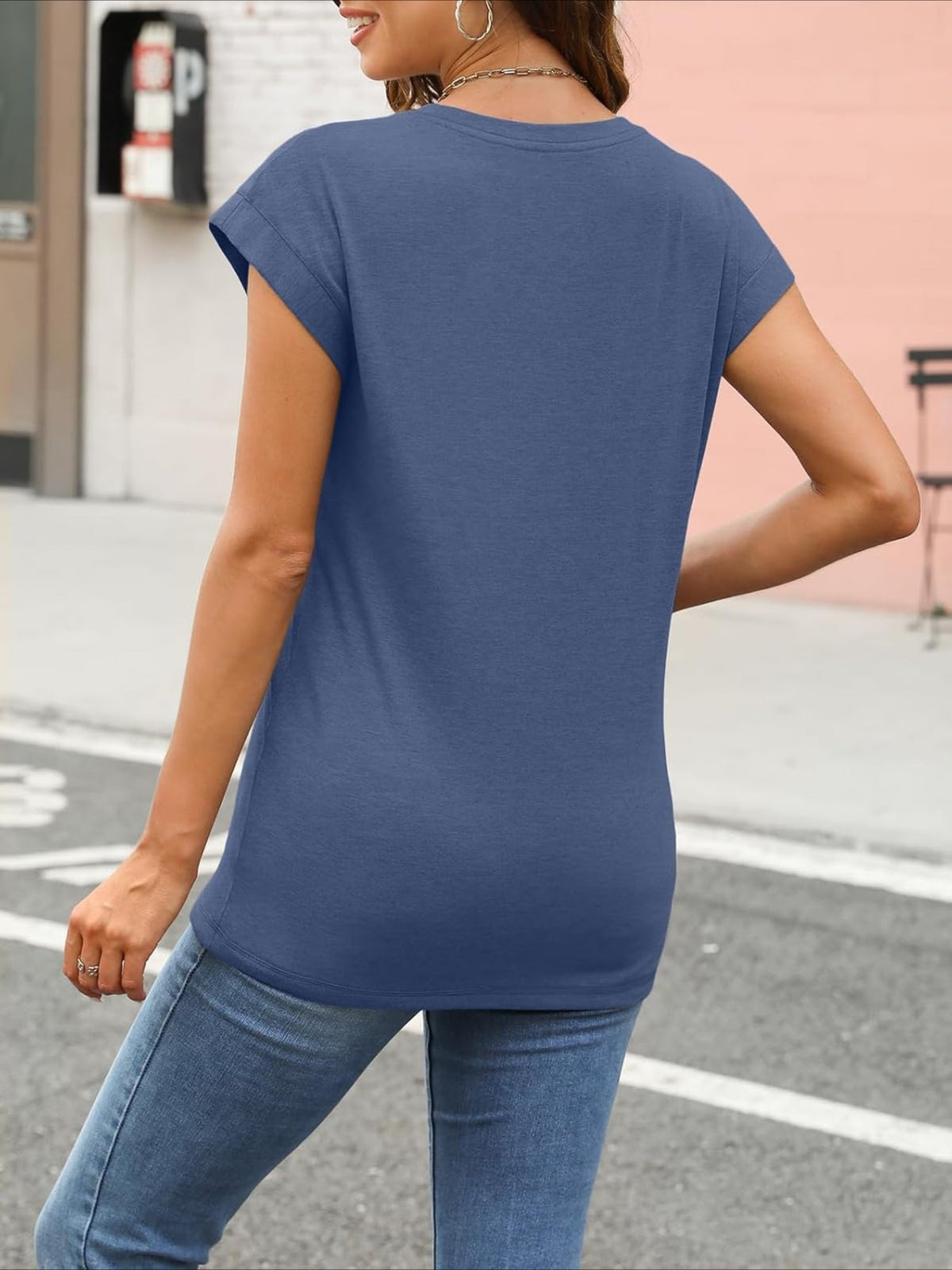 Solid Color Round Neck Cap Sleeve T Shirts