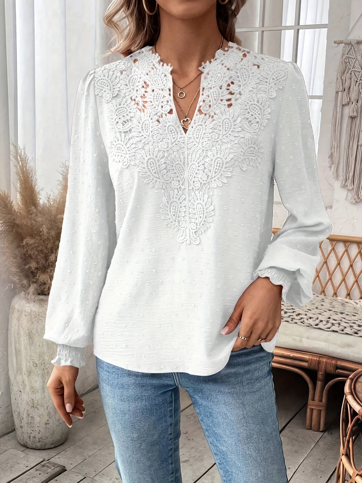 Lace Splicing Swiss Dot V-neck Blouse, Elegant Long Sleeve Blouse Top