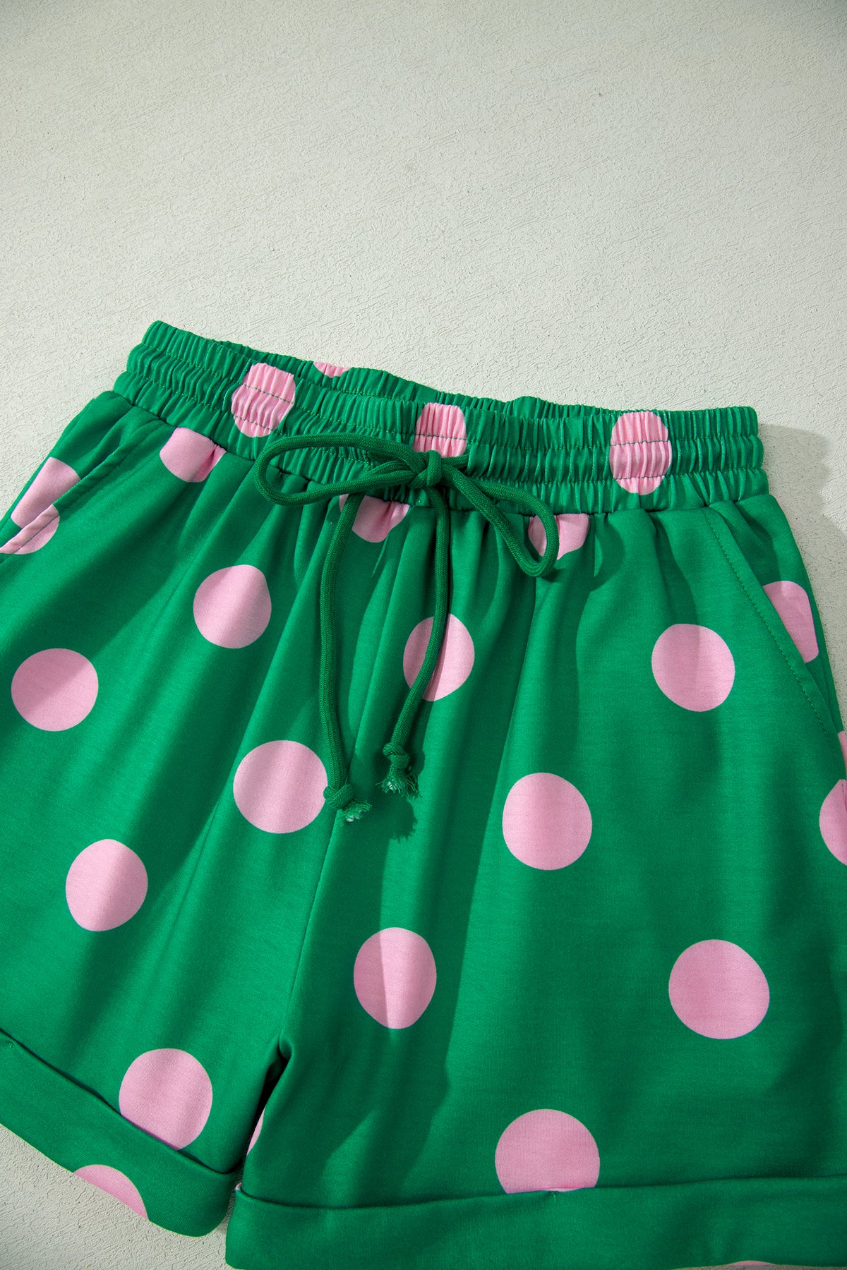 Green Polka Dot Print V Neck Tee Short Set