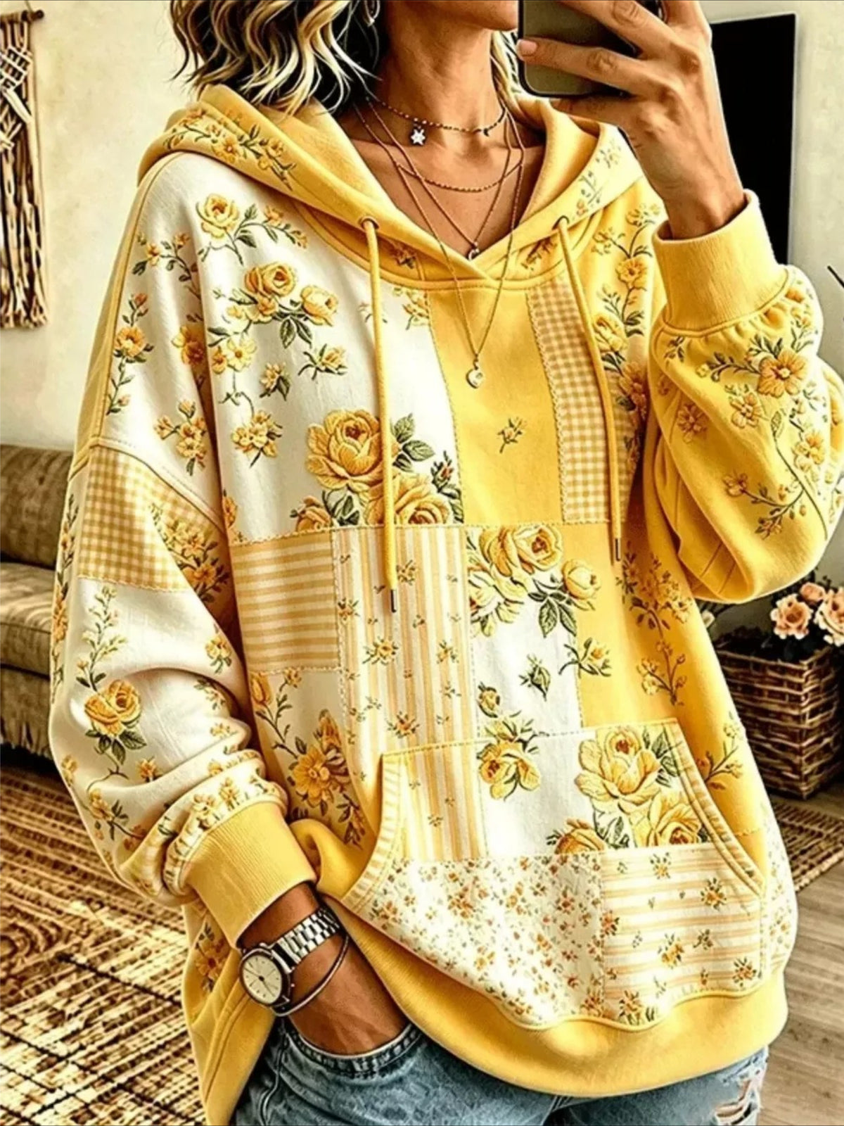 Drawstring Floral Printing Dropped Shoulder Hoodie