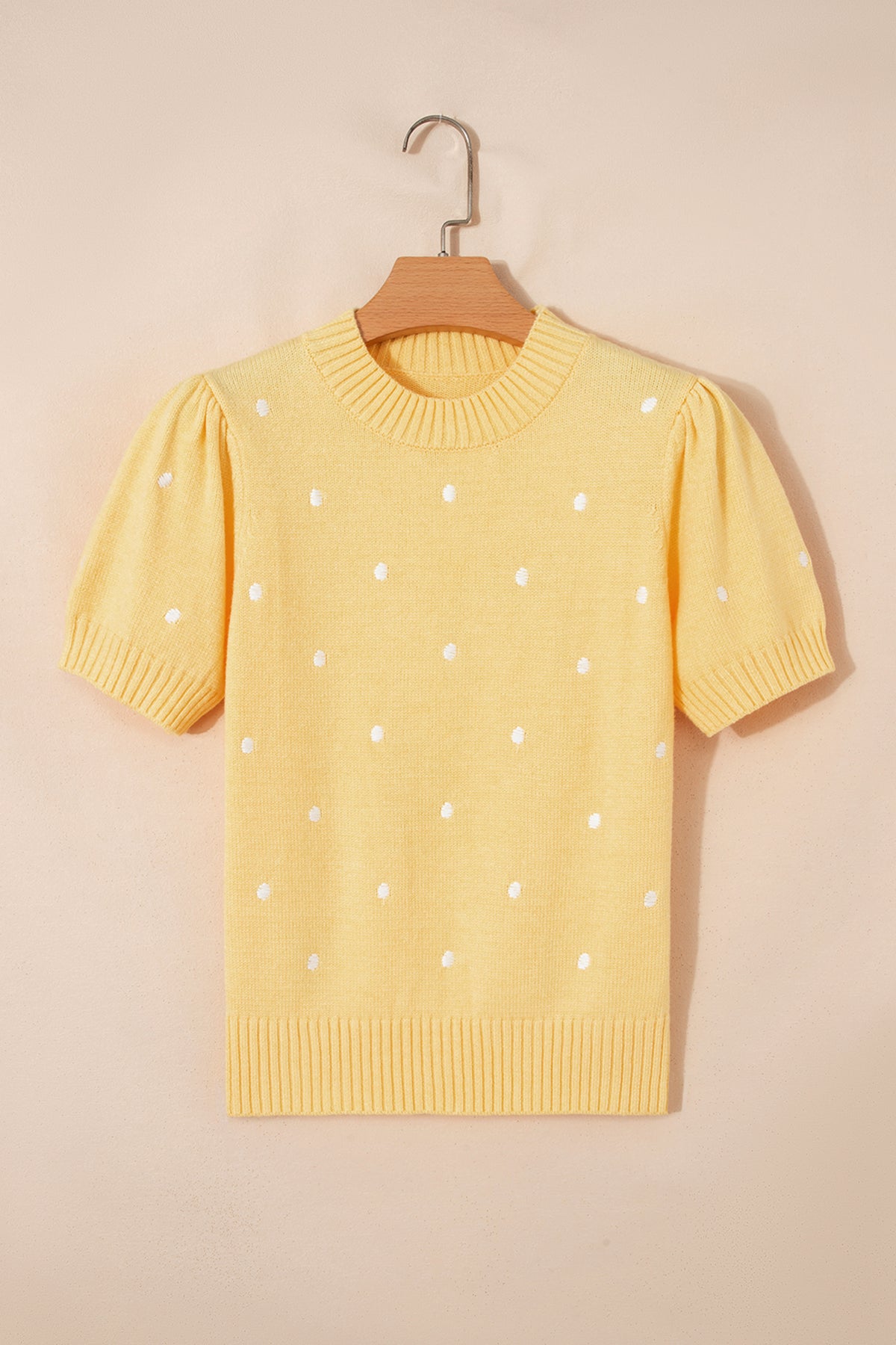 Yellow Cream Elegant Polka Dot Bubble Short Sleeve Sweater