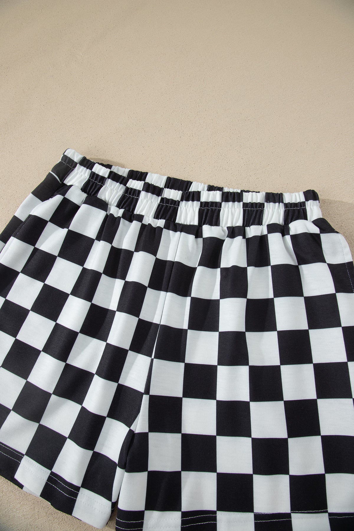 Black Checkered Print Color Block Trim Mock Neck Short Set