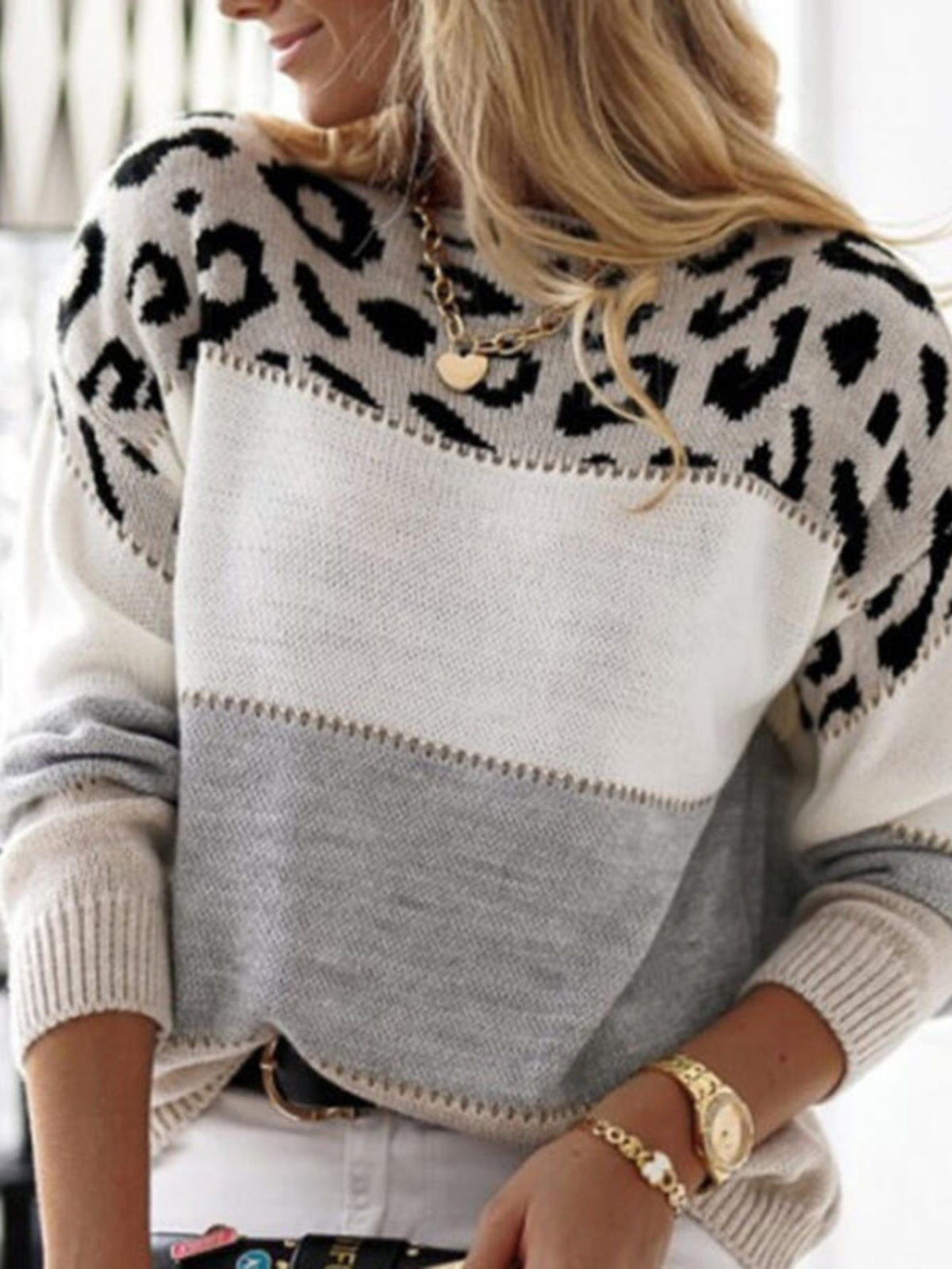 Chic Leopard Print Color Block Knit Sweater - Casual Crew Neck, Long Sleeve Pullover