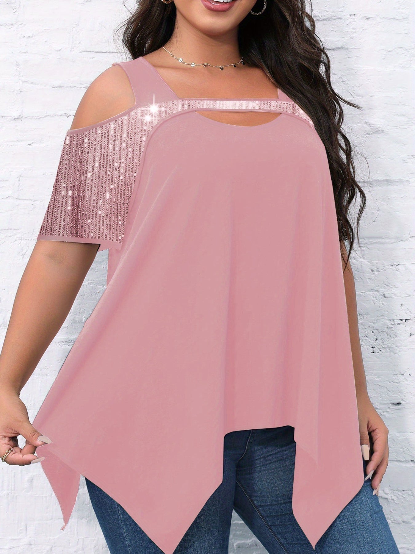 Casual Blouse, Women's Plain Rhinestone Cut Out Cold Shoulder Asymmetrical Hem Blouse