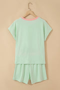 Clearly Aqua Soft Ribbed Color Block Trim Casual Short Set