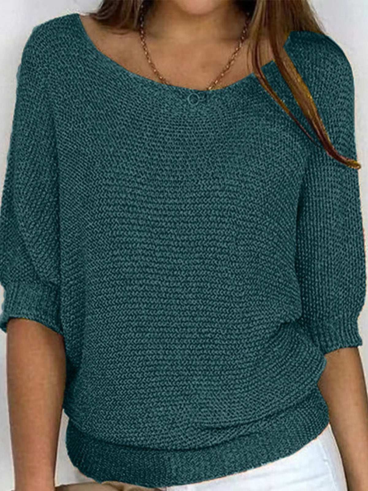 Solid Simple Knit Sweater, Casual Crew Neck 3/4 Sleeve Sweater