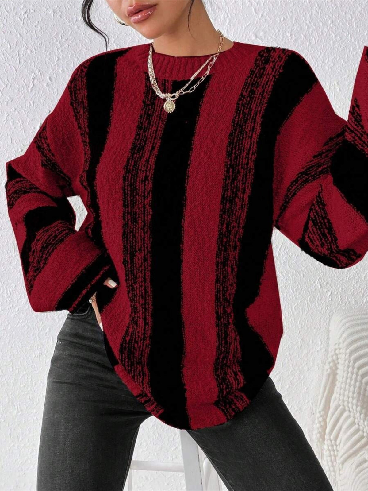 Striped Split Joint Winter Casual Long Sleeve Crew Neck Sweater