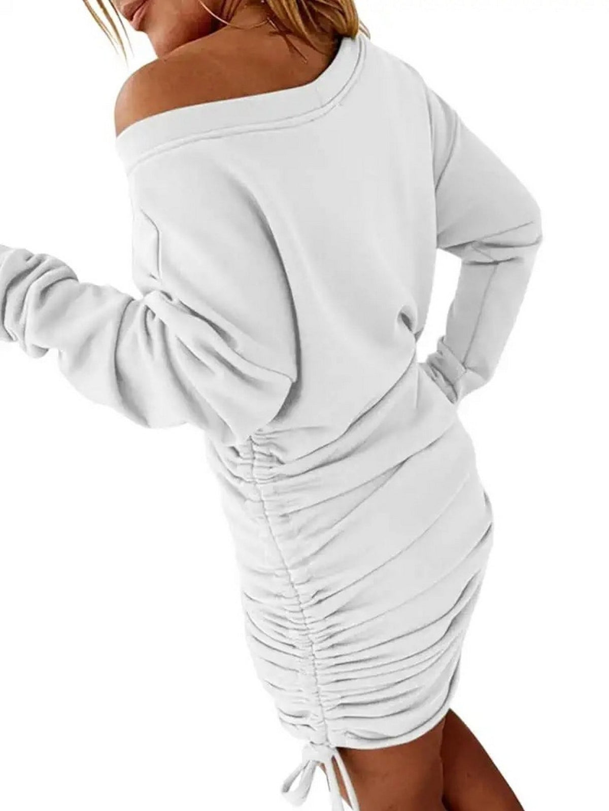 Solid Drawstring Pullover Sweatshirt Dress, Casual Ruched Long Sleeve Sweatshirt Dress