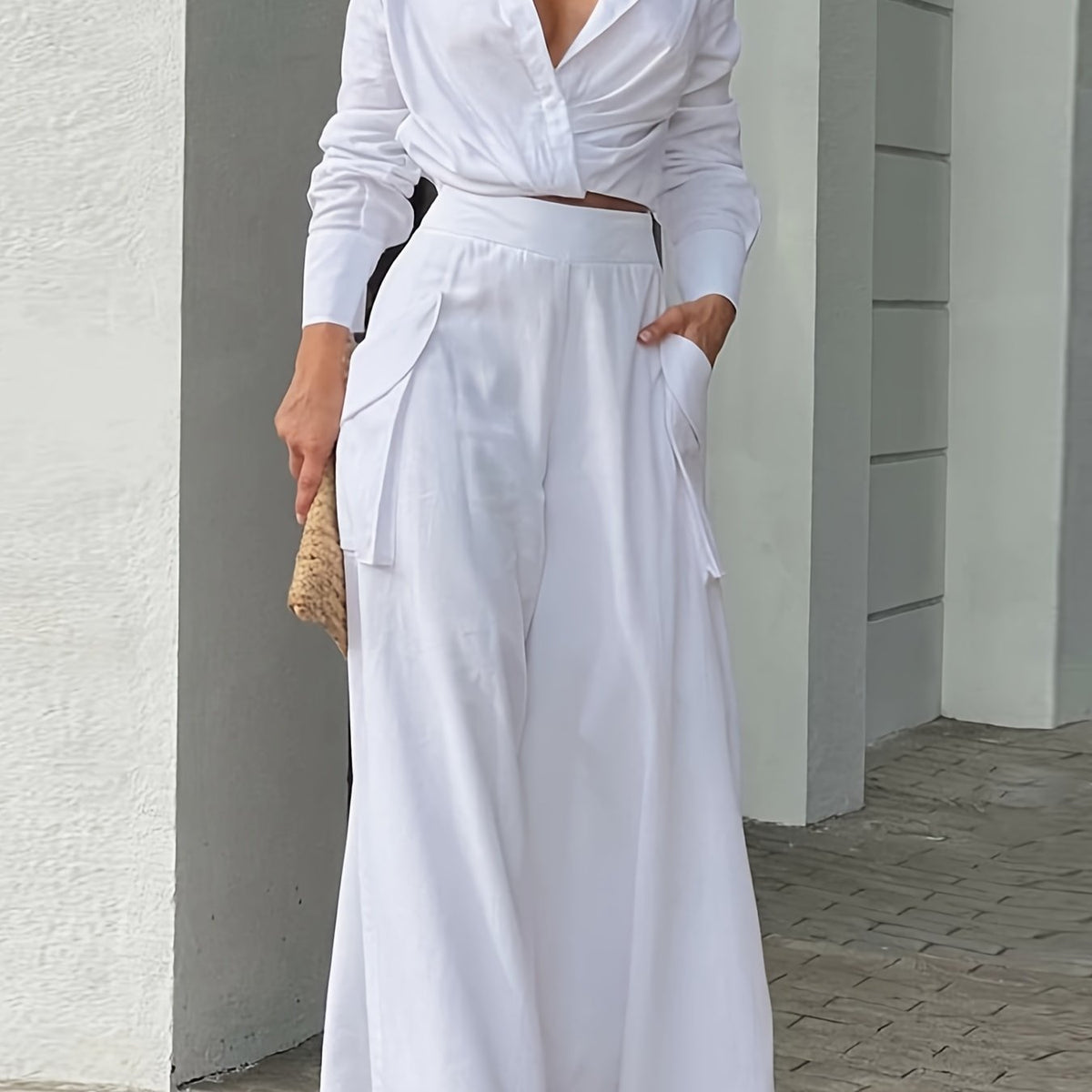 Women's Spring & Fall Loose Two-piece Set, Elegant Solid High Waist Pants And Long Sleeve Top