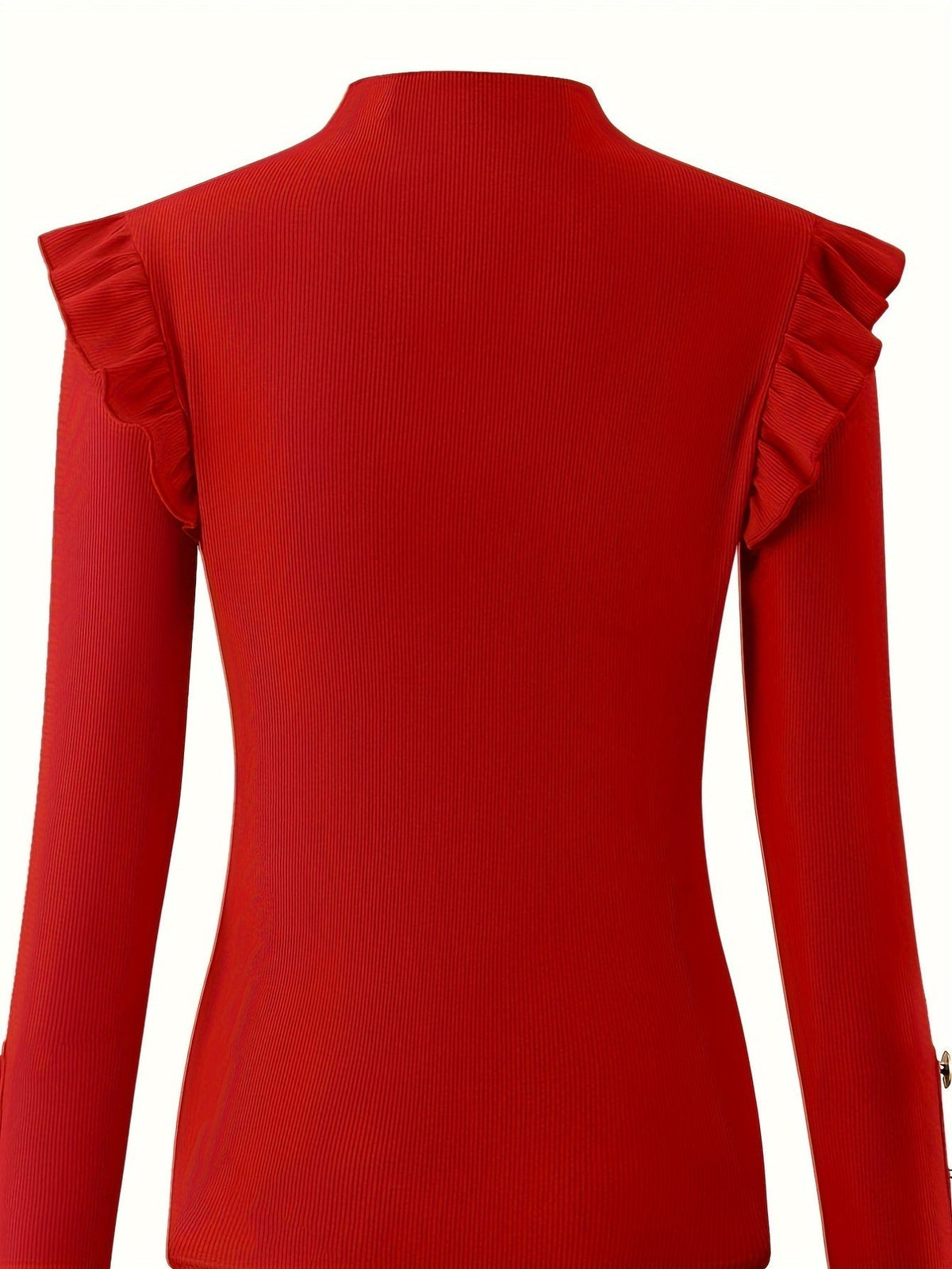 Solid Mock Neck Ruffle Trim Tee, Elegant Long Sleeve Slim T-shirt