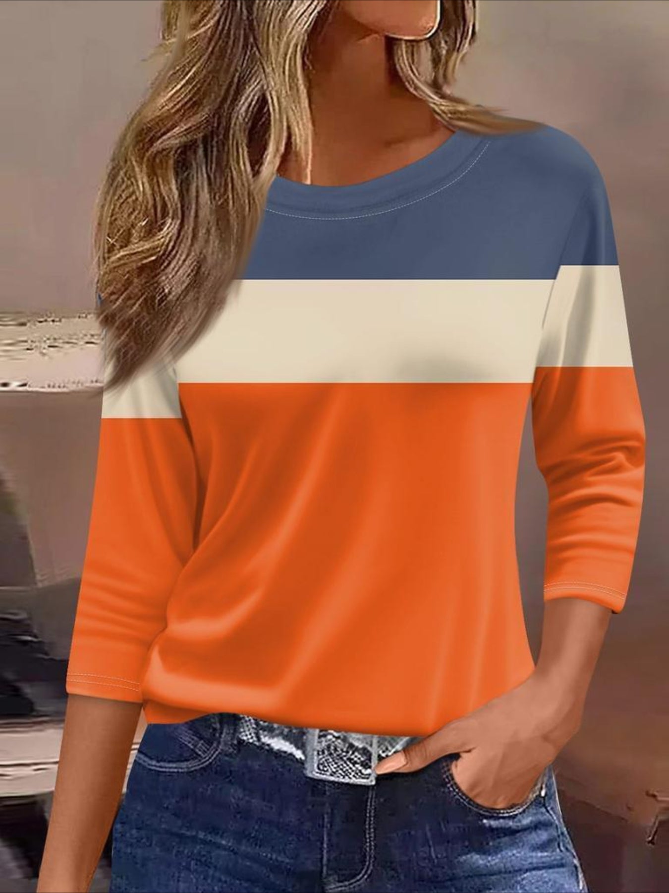 Regular Fit Printed Three-Quarter Sleeve Round Neck T-Shirt