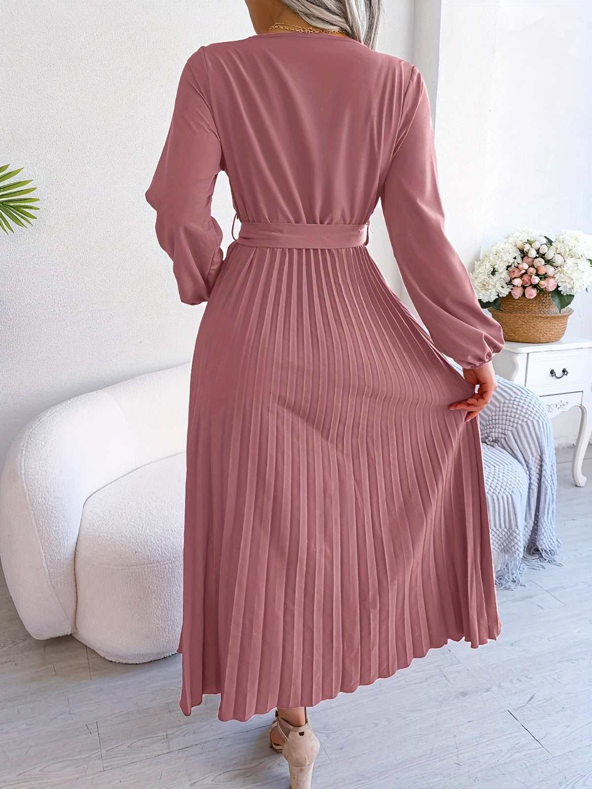 Pleated Surplice Neck Dress, Elegant Long Sleeve Solid Dress, Women's Clothing